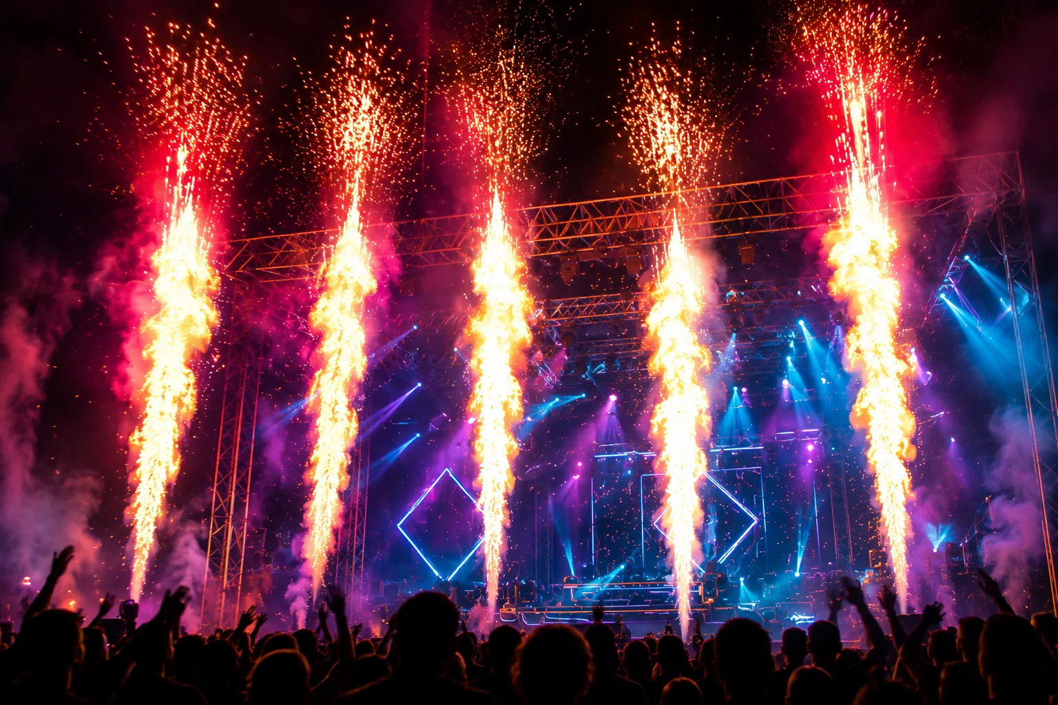 Bühnenpyrotechnik mit Feuerfontänen und Lightshow
